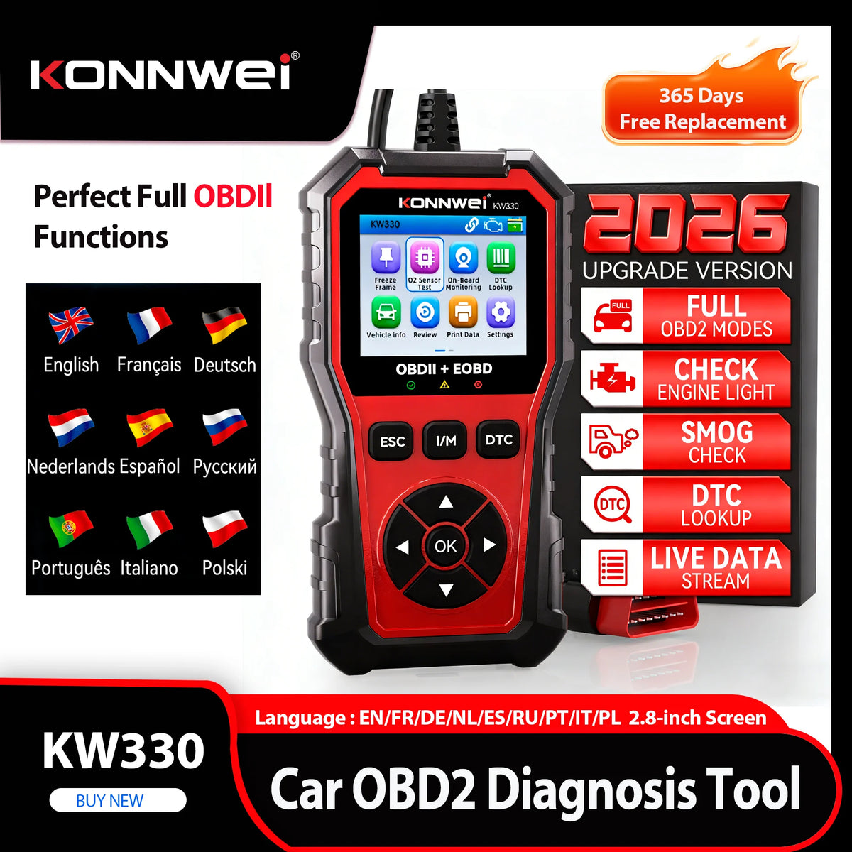2026 KONNWEI KW330 Car OBD2 Diagnosis Tool Fault Scanner Engine Battery Test DTC LOOKUP Real-Time Data Stream OBD InspectionTool