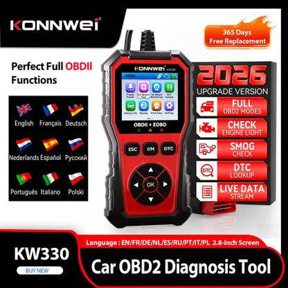 2026 KONNWEI KW330 Car OBD2 Diagnosis Tool Fault Scanner Engine Battery Test DTC LOOKUP Real-Time Data Stream OBD InspectionTool