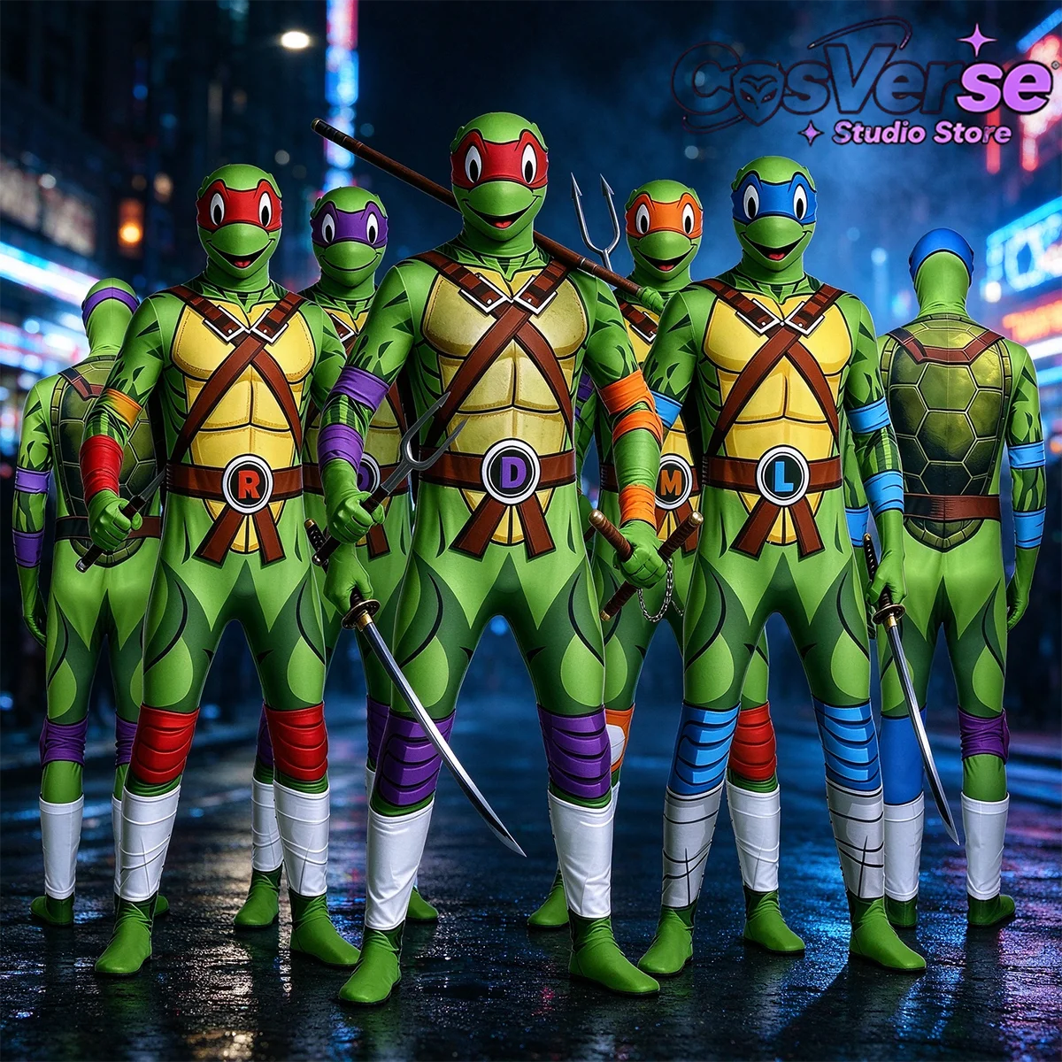 Ninja Turtles Style Cosplay Suit, Adult Halloween Superhero Costume, Stretch Bodysuit for Carnival Performance Party