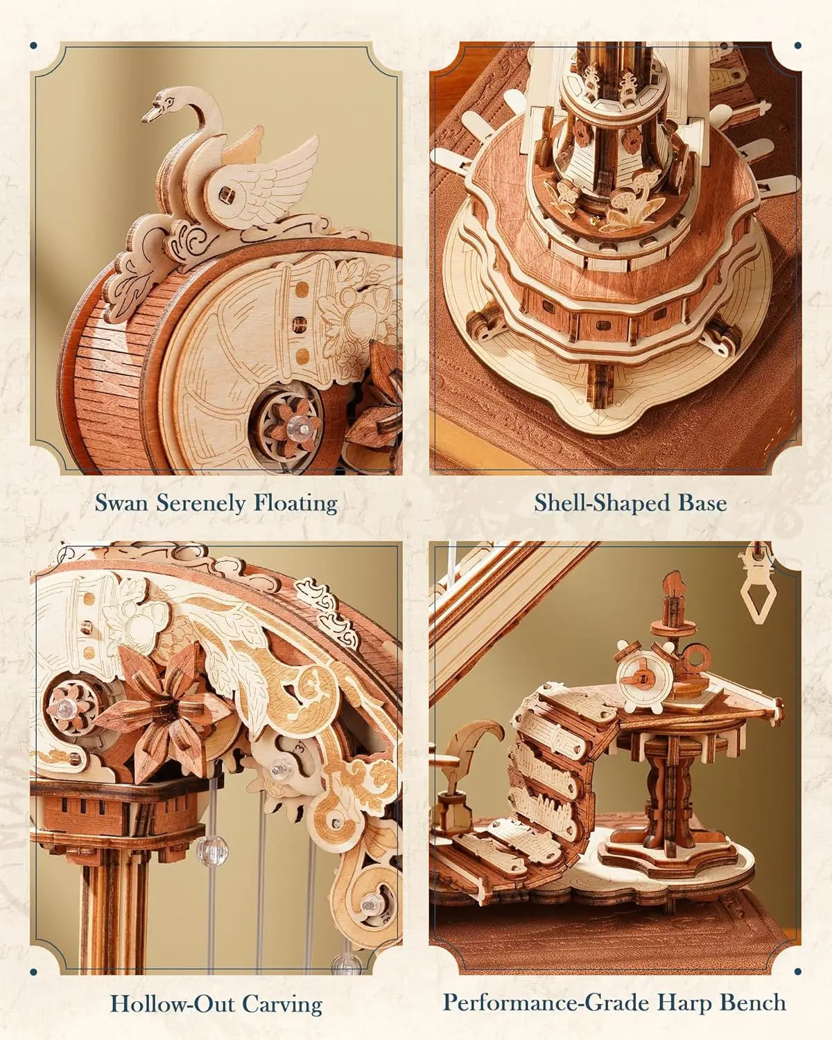 ROKR Magic Harp 3D Wooden Puzzle Music Box Mechanical Art Craft Kits Vintage Musical Wooden Model Kit for Adults Home