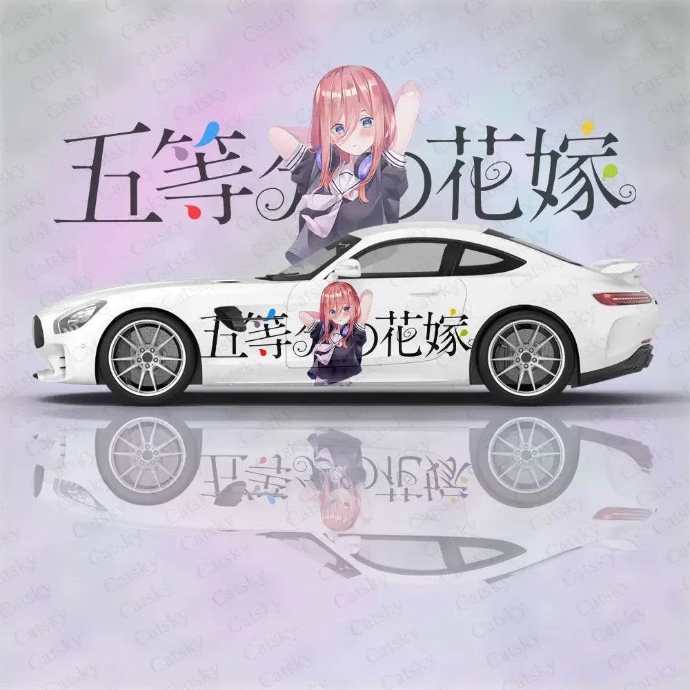 Nakano Miku anime girl car decals displayed on a white SUV, featuring vibrant artwork and unique design for car decoration.
