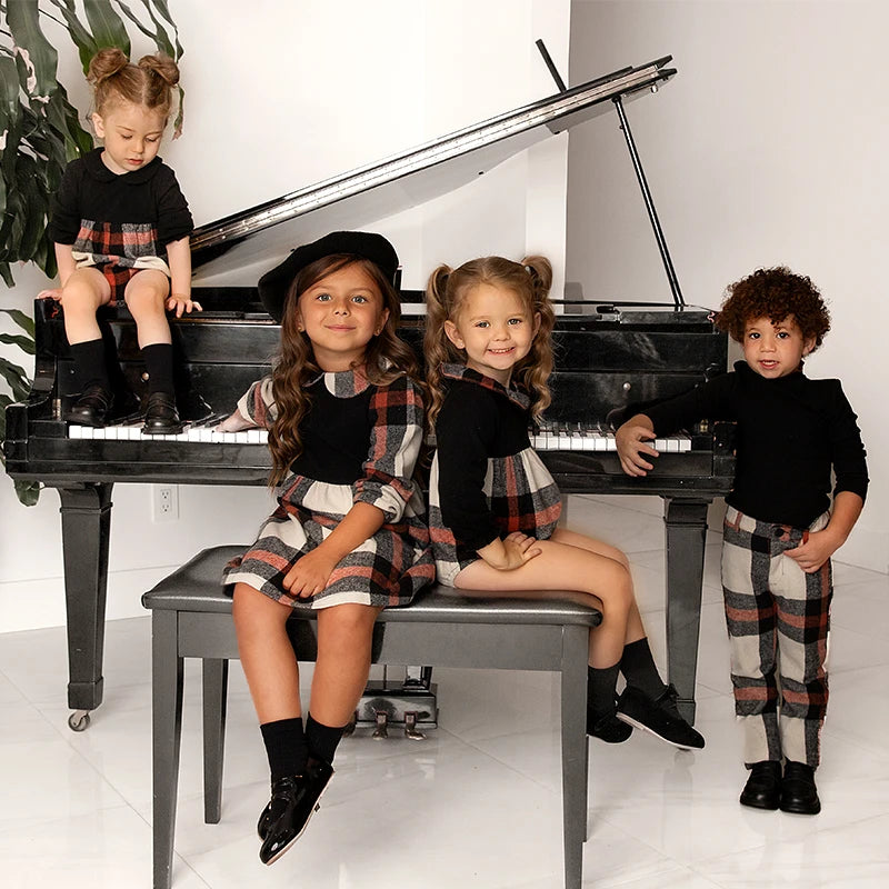 Ali-Plus Family Clothes Set Black Cotton Mousse Cashme Plaid Girl Dress Vest Shirt Black Mock Neck Top Plaid for Autumn Children