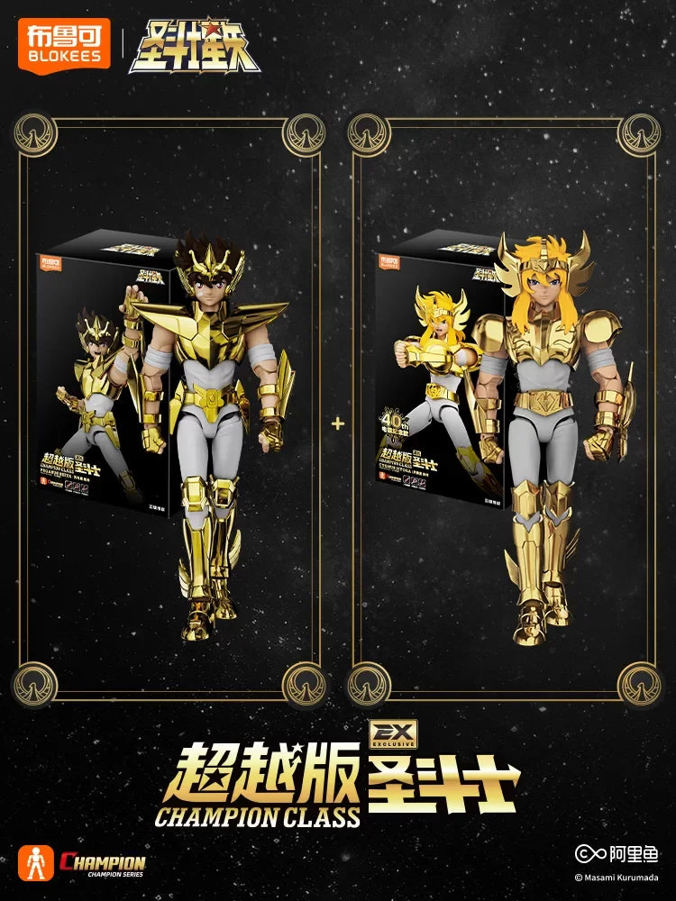 BLOKEES Saint Seiya 40TH Gold Saint EX Cygnus Hyoga Pegasus Seiya Buildable Statue Spare Hands Golden Paint Collectible Toy Gift