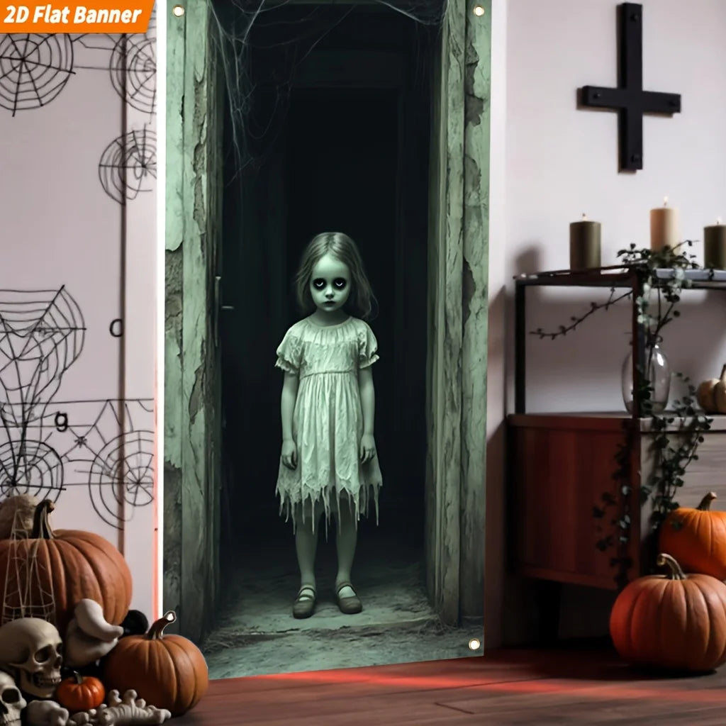 A 2D flat banner suitable for Halloween, featuring a large ghost girl door decoration