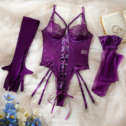 Toucheart Erotic Bodysuit with Gloves Lace See-through Patchwork Women Sexy Pure Desire Body Shaping Hollow Elegant Bodysuit Set