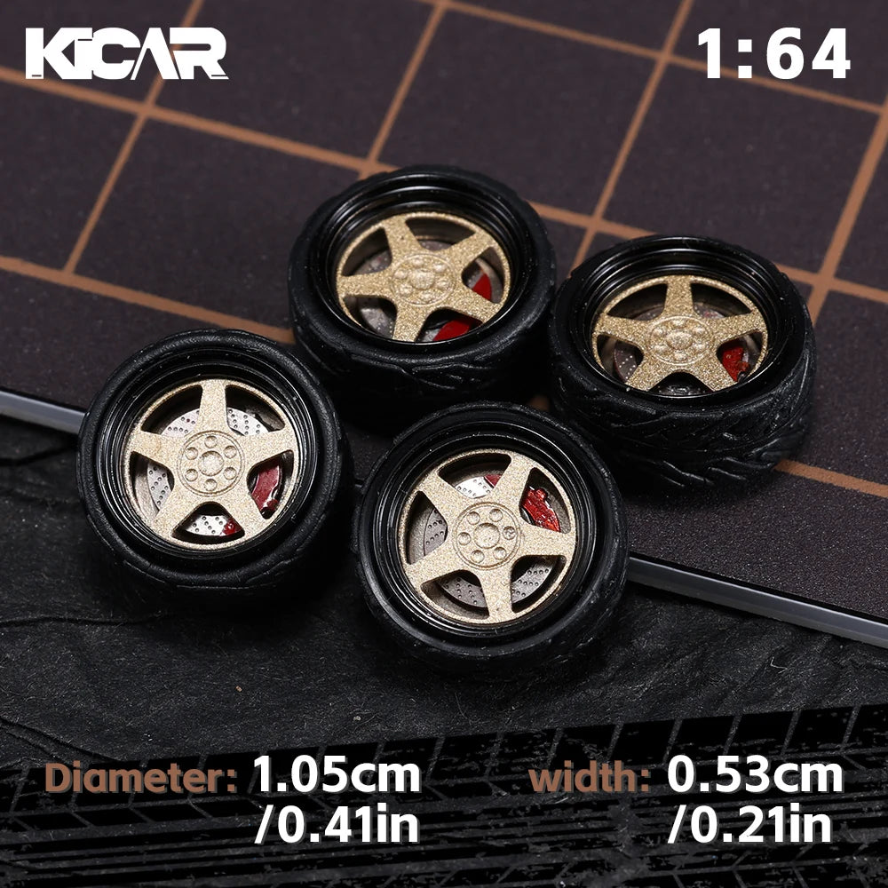 Kicarmod 1/64 10.5mm Alloy Model Wheels with Magnetic Hub Caps-with Rubber Tires for Tomica Custom Diecast Cars