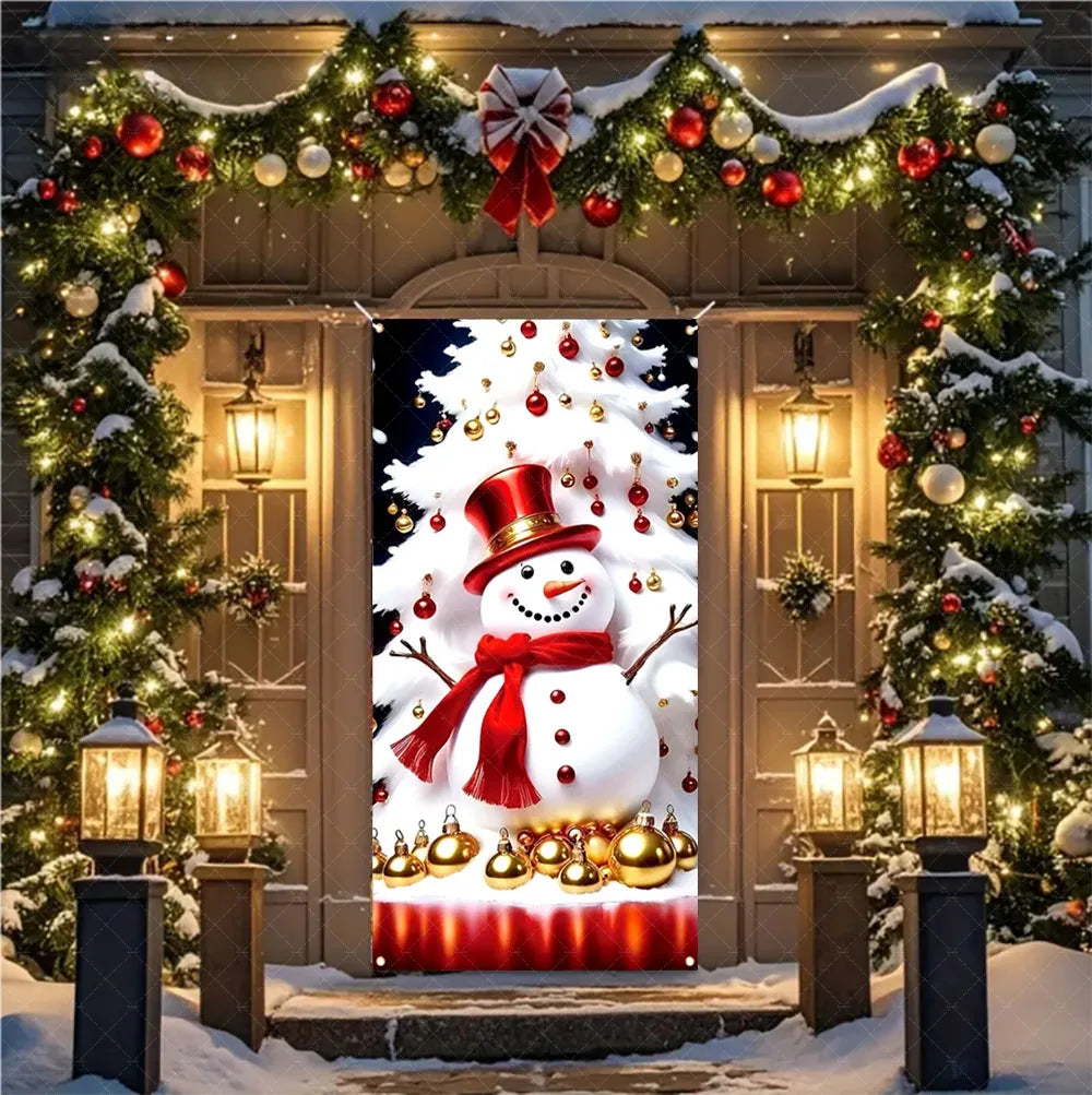 Christmas Theme Santa And Elk Backdrops Snowman Hanging Door Banner Indoor Outdoor Veranda Xmas Curtain Cover Festive Supplies