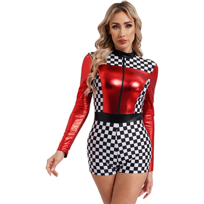 Women's Race Car Driver Romper Bodysuit Halloween Cosplay Costumes Theme Checkerboard Print Long Sleeve Boyshorts Racer Jumpsuit