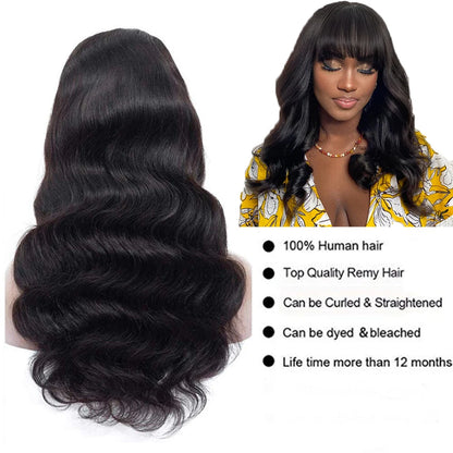 15A Glueless Body Wave Wig With Bangs Brazilian Women's Human Hair Wig Without Glue 3*1 Lace Wig With Bangs Loose Body Wave Wig