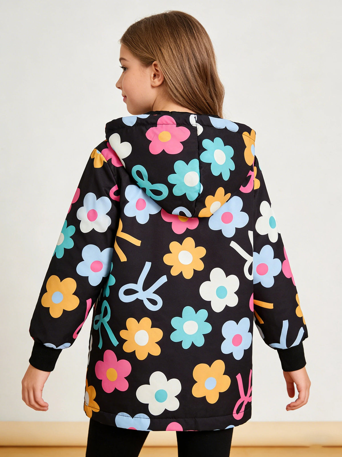 Autumn/Winter Girls' Fleece Warm And Cold Proof Colorful Flower Printed Hooded Jacket Fashionable And Casual Mid Length Jacket