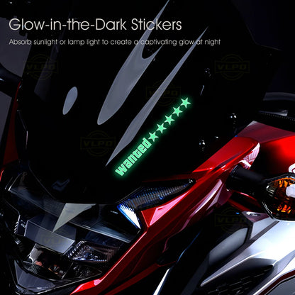 2pcs Motorcycle Glow Stickers Wanted 5 Stars Waterproof Decal for Motorbike Front Fairing Tail Box Side Boxes Decor Accessories