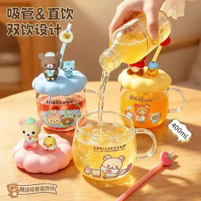 Rilakkuma Glass Water Cup With Lid Straw High Temperature Resistant Cute Cartoon Drinking Mug For Office Home Daily Use