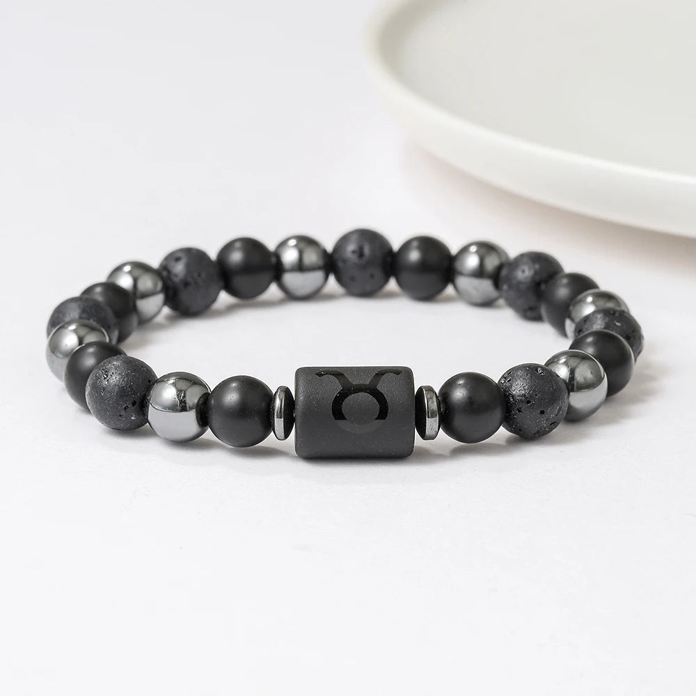 New Arrival 12 Zodiac Energy Bracelet Natural Volcanic Stone Black Retro Handmade Couple Beaded Jewelry