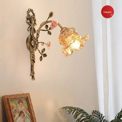 French Vintage Rural Romantic Ceramic Flower Luxury High-End Eye-Friendly Full-Spectrum Dining Room Full Copper Glass Wall Lamp