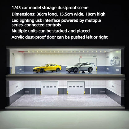 1:43 PVC Car Model Storage Parking Lot Scene Model Acrylic Dustproof Door RC Drift Garage Display Dustproof Box with LED Lights