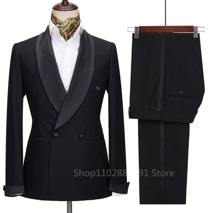New 2026 Men Suit Black Satin Lapel Tuxedo 2 Pieces Double Breasted Wedding Shawl Lapel Party Costume Groom Male Wear