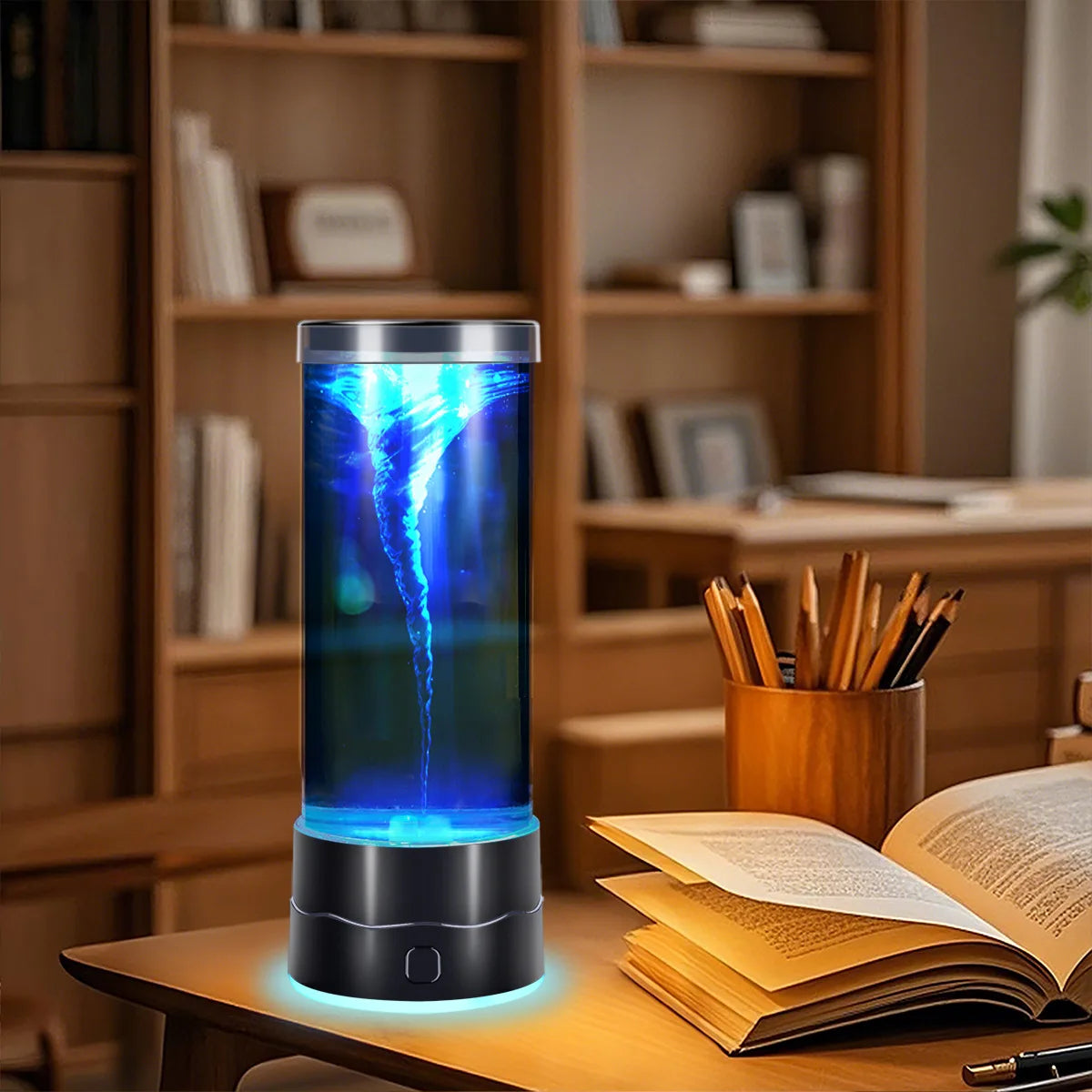LED tornado night light creating a colorful atmosphere on a desk with wooden shelves in the background.
