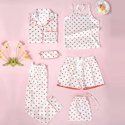 Kids Silk Like Striped Pajama Set 7 Piece Homewear All Season Wear Comfortable Sleepwear Outfit Girl Clothes