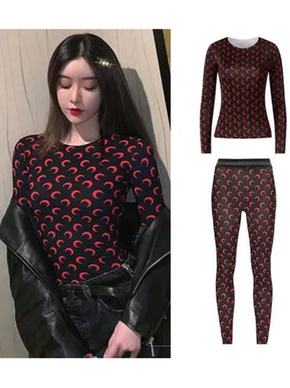 Ice Silk Two Piece Set Womens Sun Protection Clothes Long Sleeve Moon Print Top and Pants American Retro Sexy Autumn New