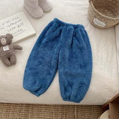 Solid Color Simple Casual Trousers Children's Home Clothes Autumn Winter Warm Plush Long Pant Baby Girls Boys Clothing Pants