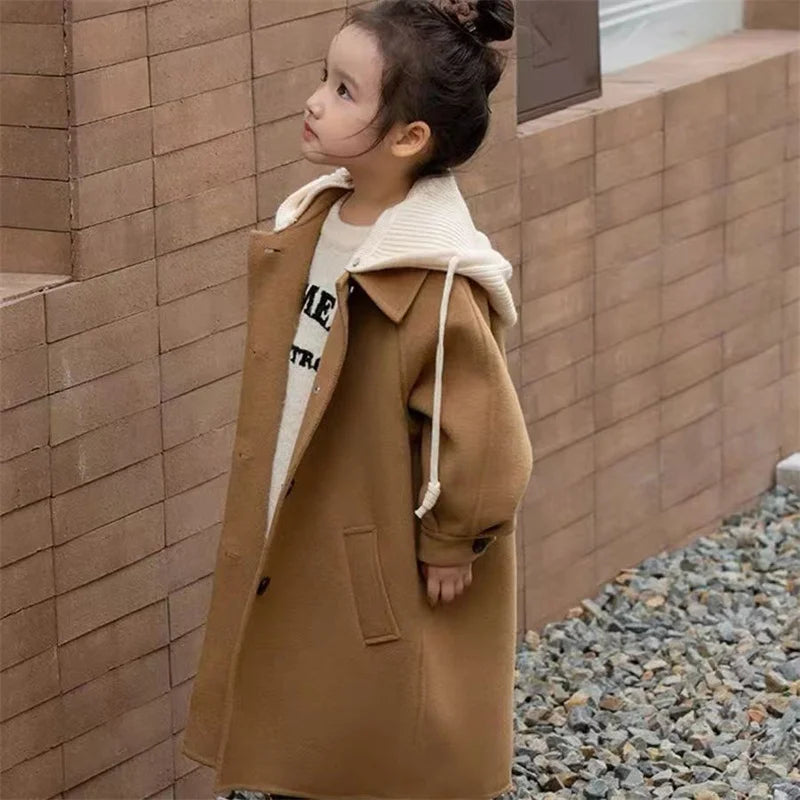 Kids Tweed Jacket Girls Warm Overcoat Autumn Medium-Length Coat Spring Hooded Windbreaker New Casual Single-Breasted Clothing