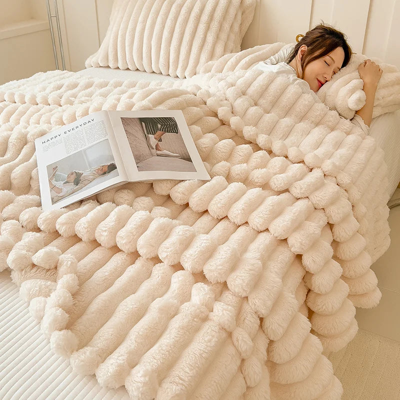 Thick Warm Wide Striped Flannel Blanket Solid Color Soft Fluffy Plush Throws for Sofa Bed Office Travel Multifunctional Blanket