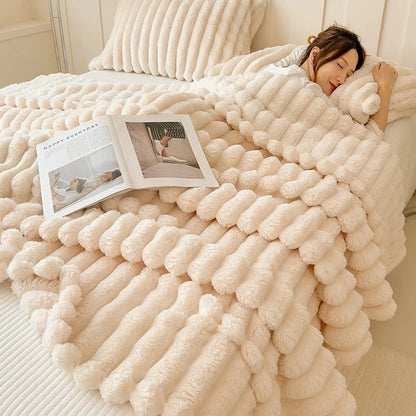 Thick Warm Wide Striped Flannel Blanket Solid Color Soft Fluffy Plush Throws for Sofa Bed Office Travel Multifunctional Blanket