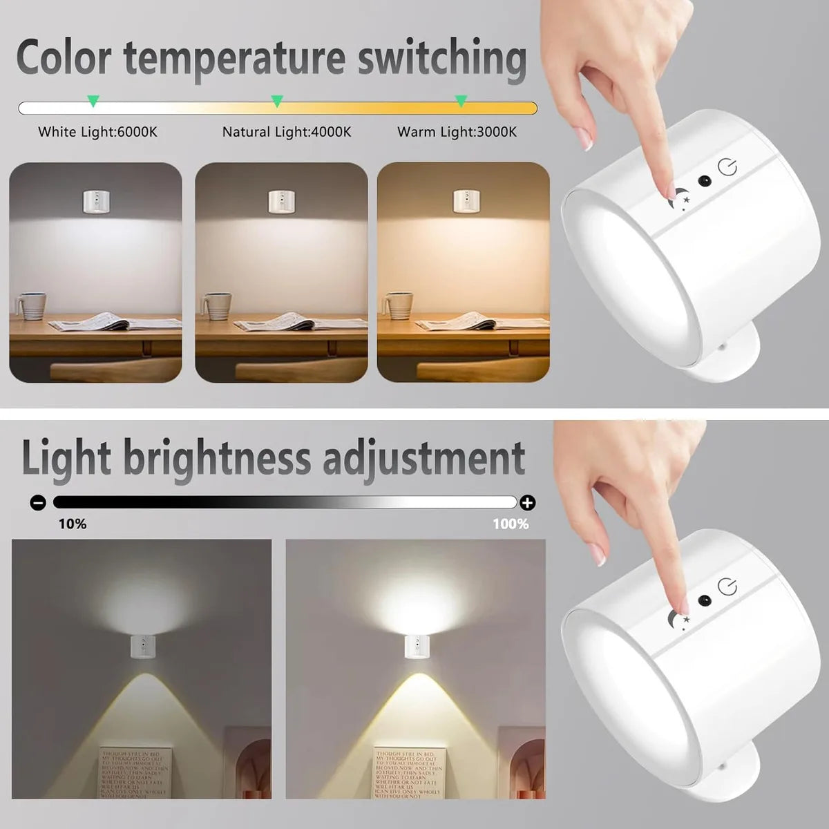 360° Rotating LED Wall Light, Touch Remote Control, 10 Brightness Levels, USB Rechargeable - Ideal for Living Room, Hallway