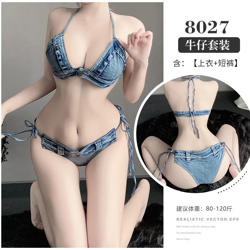 Sexy Low-rise Open Crotch Shorts Bodysuit with Distressed Denim Nightclub Lingerie Set