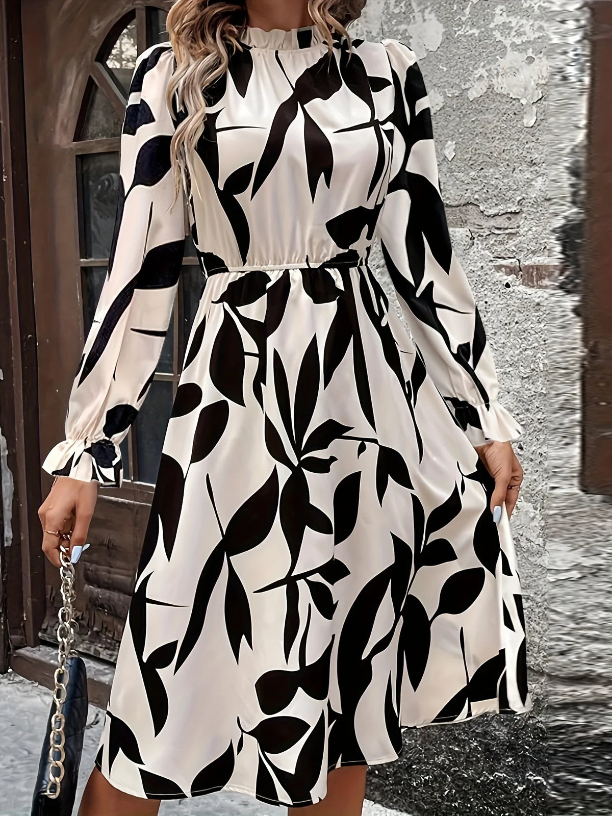 Autumn New Elegant Women Print Dress Casual Fashion Turtlneck Long Sleeve Vacation Long Dresses