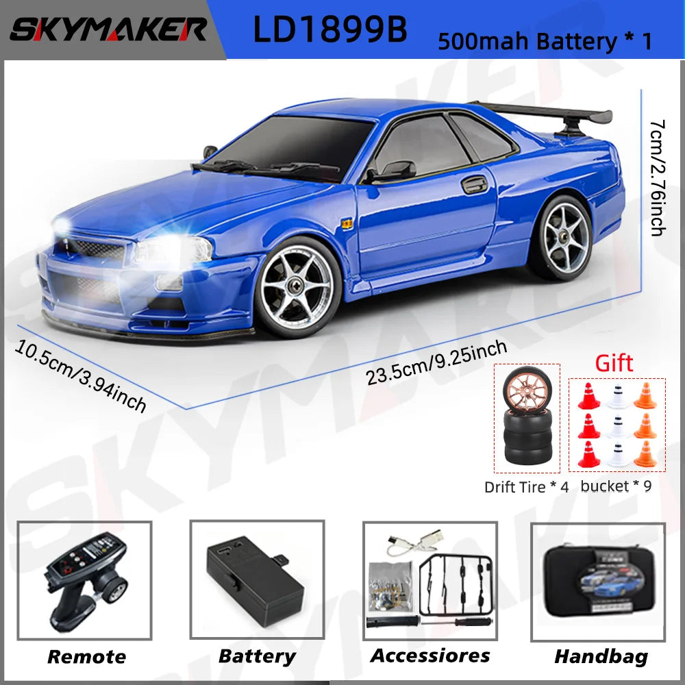 Skymaker LDRC 1/18 RC Drift Car LD1899 GTR Mode R34 2.4GHz RWD with Gyroscope on-Road Alloy Body Shell Racing Car for Boys Gifts
