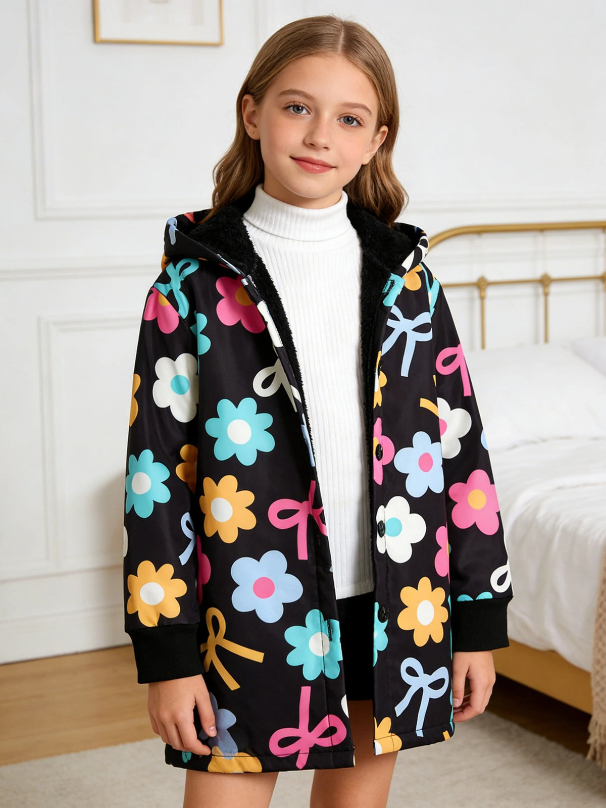 Autumn/Winter Girls' Fleece Warm And Cold Proof Colorful Flower Printed Hooded Jacket Fashionable And Casual Mid Length Jacket