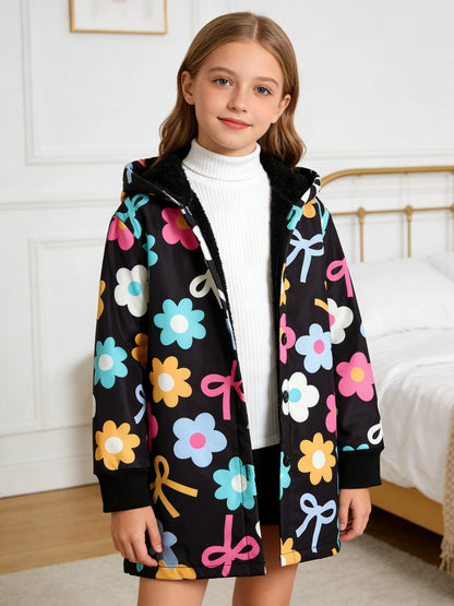 Autumn/Winter Girls' Fleece Warm And Cold Proof Colorful Flower Printed Hooded Jacket Fashionable And Casual Mid Length Jacket