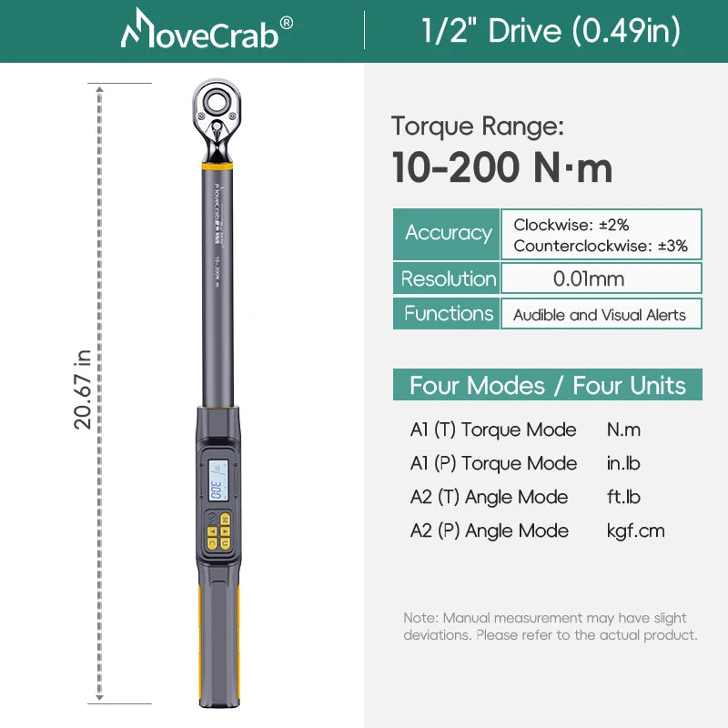 MoveCrab 3/8" 1/2" Drive Digital Angle Torque Wrench 3-340 N.m Angle Measurement 0.1°for DIY Auto Motorcycle Repair