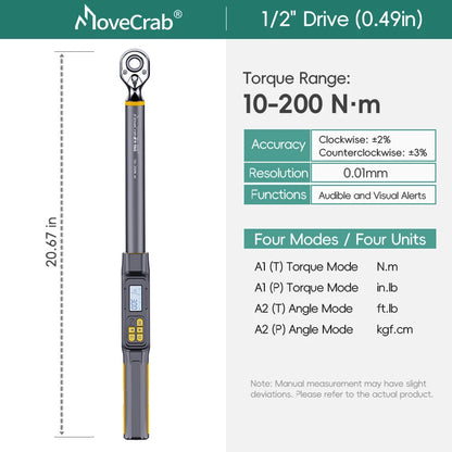 MoveCrab 3/8" 1/2" Drive Digital Angle Torque Wrench 3-340 N.m Angle Measurement 0.1°for DIY Auto Motorcycle Repair