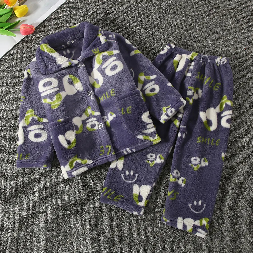 Girls' sleepwear long sleeved flannel children's sleepwear autumn and winter coral fleece boys' baby children's home Clothing se