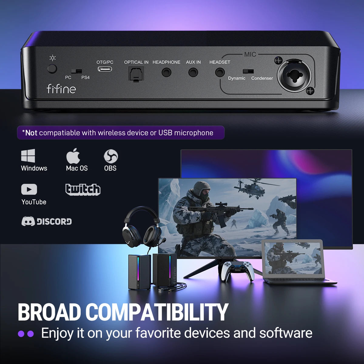 FIFINE SC8 Audio Mixer with RGB Lighting & Voice Changer, XLR Mic Preamp, 3 EQ Modes, Plug & Play for Gaming/Streaming/Podcast