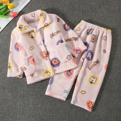 Girls' sleepwear long sleeved flannel children's sleepwear autumn and winter coral fleece boys' baby children's home Clothing se