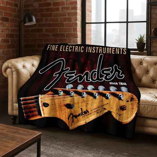 Fashion Fender Logo Guitar Music Instruments Art Flannel Blanket,Cozy Soft Throw Blanket for Home Bedroom Bed Sofa Cover Gift