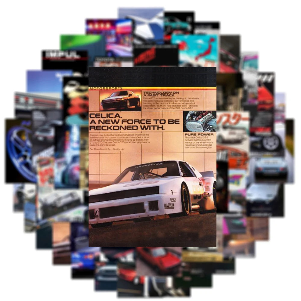 50pcs Retro JDM Car Poster Stickers Cool Retrofit Racing Cartoon Graffiti Sticker Decals for Bag Motorcycle Phone Suitcase