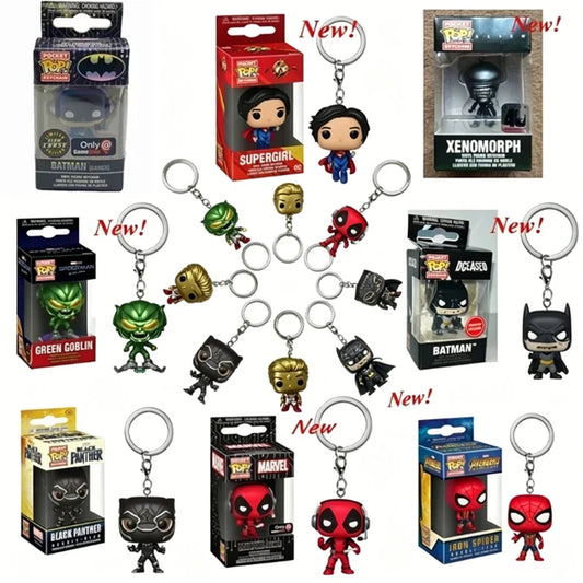 FUNKO Pocket Heroes Keychains Alien Green Goblin Iron Man Iron Spider Black.panther Batman Action Figure Toys