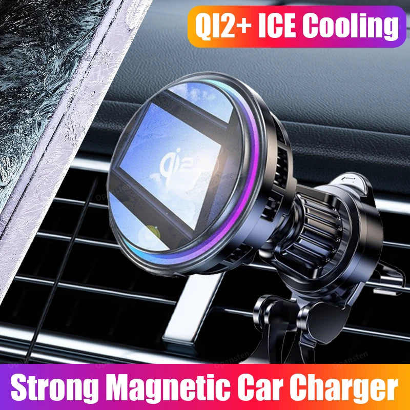 QI2 Ice Cooling Tempered Glass RGB Magnetic Wireless Car Charger Fast Charging Radiator For Magsafe iPhone 12-16 Phone Holder
