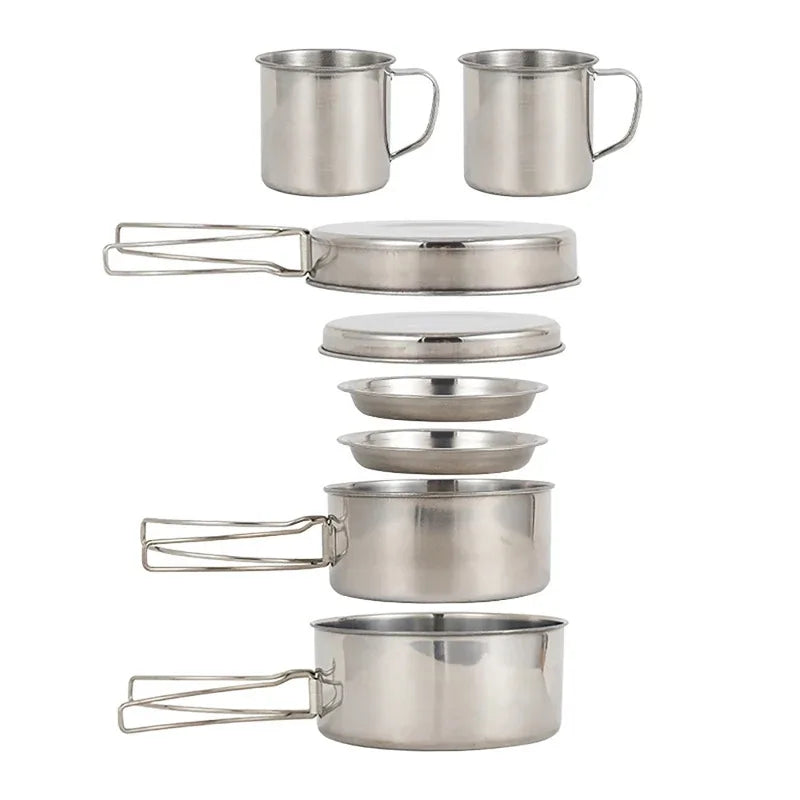 8 pcs/set camping cookware mess kit stainless steel cooking pot and pan set with plates cups for outdoor hiking backpacking