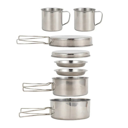 8 pcs/set camping cookware mess kit stainless steel cooking pot and pan set with plates cups for outdoor hiking backpacking