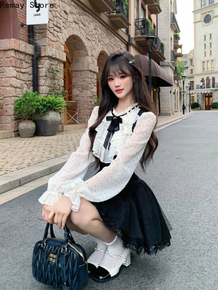 Summer New Sexy  Lace 2 Piece Set Vintage Design Halter Neck Y2k Tops + Puff Mini Skirt Female Elegant French Chic Retro Outfits