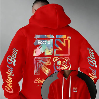 Men Thick Warm Hoodie Rainbow Splash Graffiti Root X Bear Colorful Bear Sleeve Text Print Urban Street Daily Commute Pullover