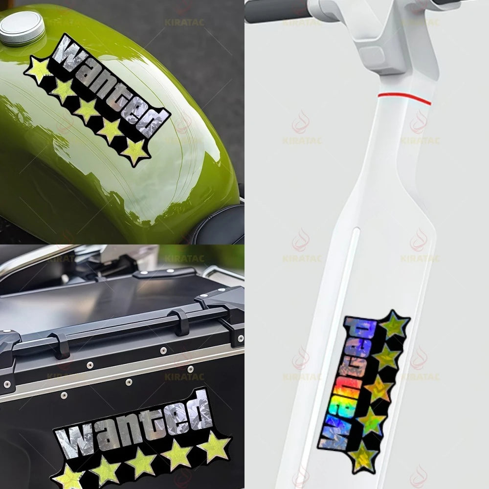 2Pcs/Set Holographic Carbon Silver WANTED Sticker Waterproof Vinyl Decal for Motorcycle Car Scooter Helmet Window Bumper