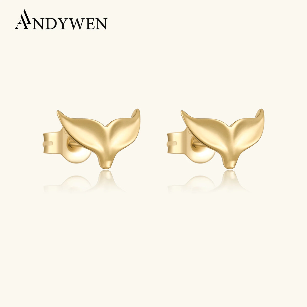 ANDYWEN 925 Sterling Silver Gold  Fish Tail Stud Earring Clips Piercing Pendiente Women luxury Fine Jewelry Simple Jewels