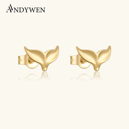 ANDYWEN 925 Sterling Silver Gold  Fish Tail Stud Earring Clips Piercing Pendiente Women luxury Fine Jewelry Simple Jewels