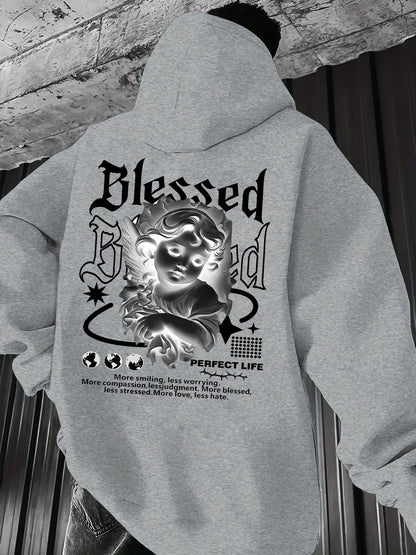 Men's Aesthetic Angel Hoodie Hip Hop Sports Streetwear Blessed Vintage Cherub Print Casual Loose Pullover Sweatshirt Tops